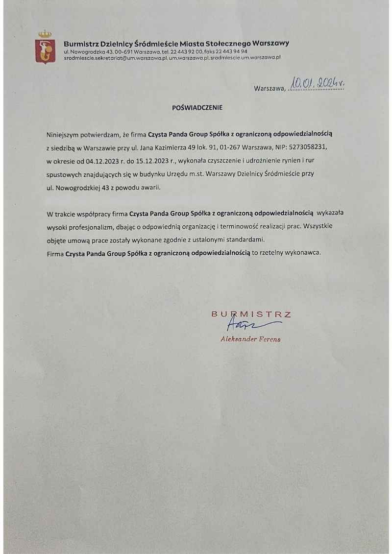 Czyszczenie rynien i rur spustowych, Urząd m.st. Warszawy