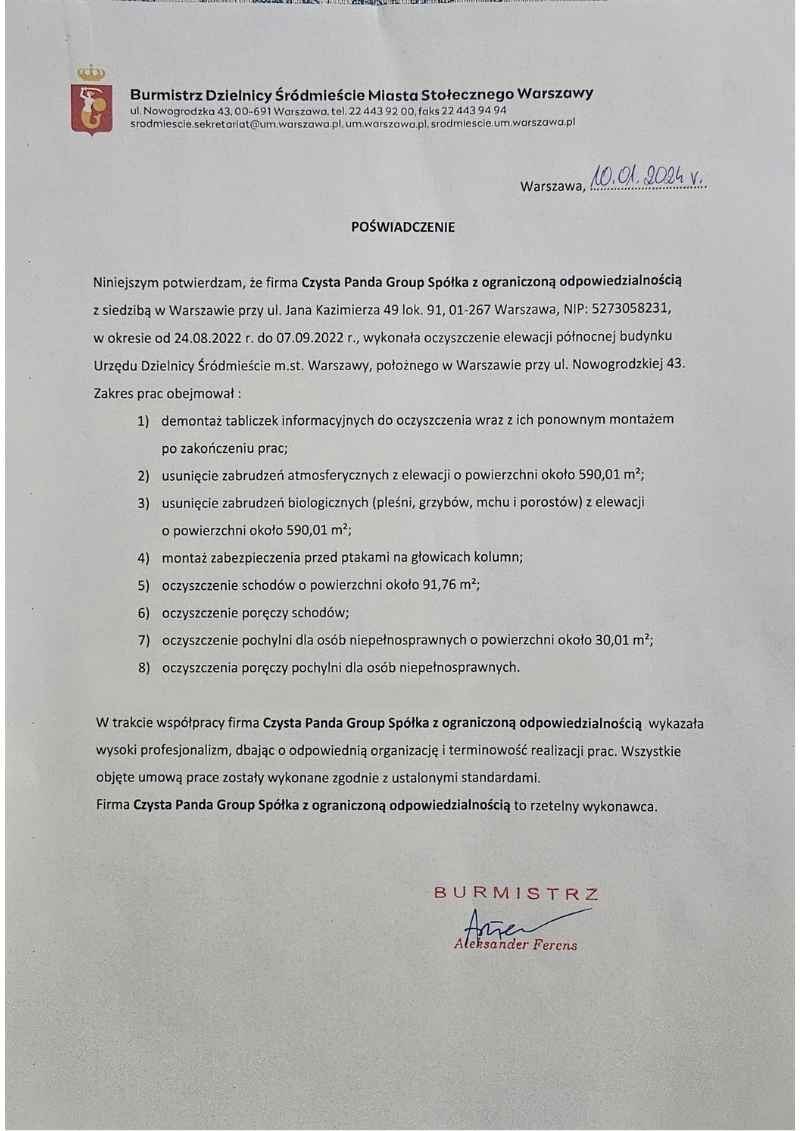 Oczyszczenie elewacji Urzędu Dzielnicy Śródmieście, ul. Nowogrodzka 43 Warszawa
