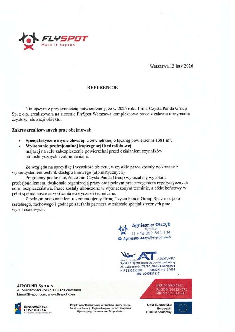 Mycie wysokościowe elewacji FlySpot, Warszawa